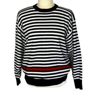 Vintage Stripe Sweater Large Dolman Sleeve Oversized Black White Red Crew 80s